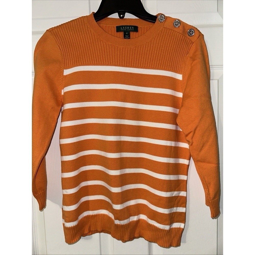 NWT Lauren Ralph Lauren 3/4 Sleeve Orange White Striped Sweater Medium